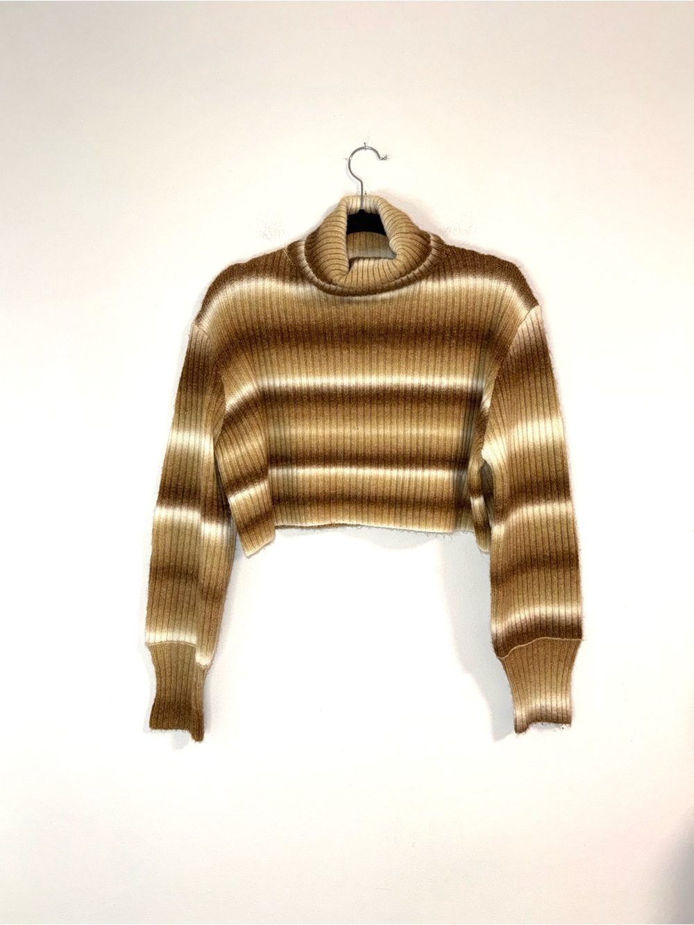 Cider Brown and Cream Striped Cropped Turtleneck Sweater